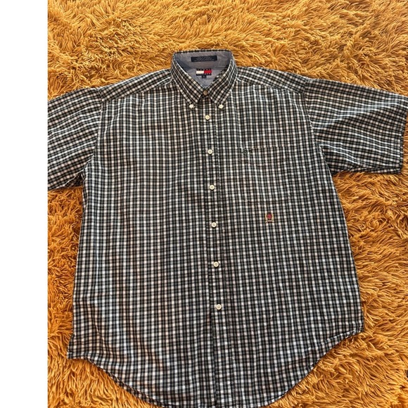 Tommy Hilfiger Other - Tommy Hilfiger Button Down Men L Navy Blue Plaid Crest Short Sleeve Shirt Cotton